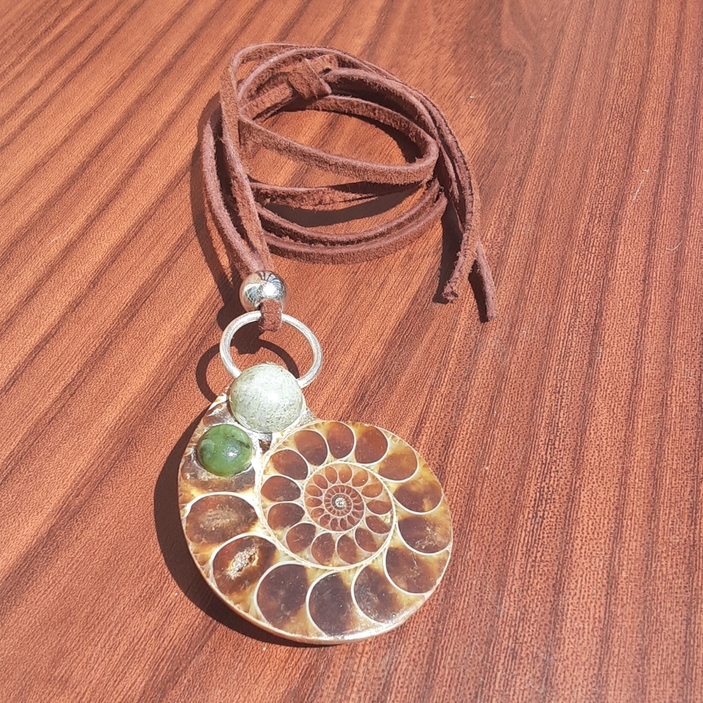 Handmade Ammonite/ Genuine Brown Leather Necklace- Ancient Earthy Vibes-
